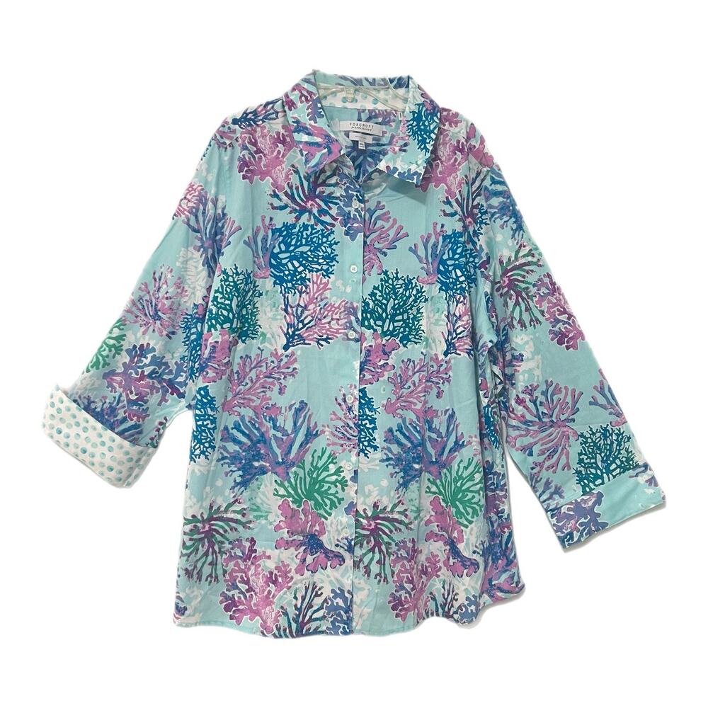 Foxcroft Wrinkle Free Shaped Button Down Shirt Women’s Size 18W Blue Coral Reef
